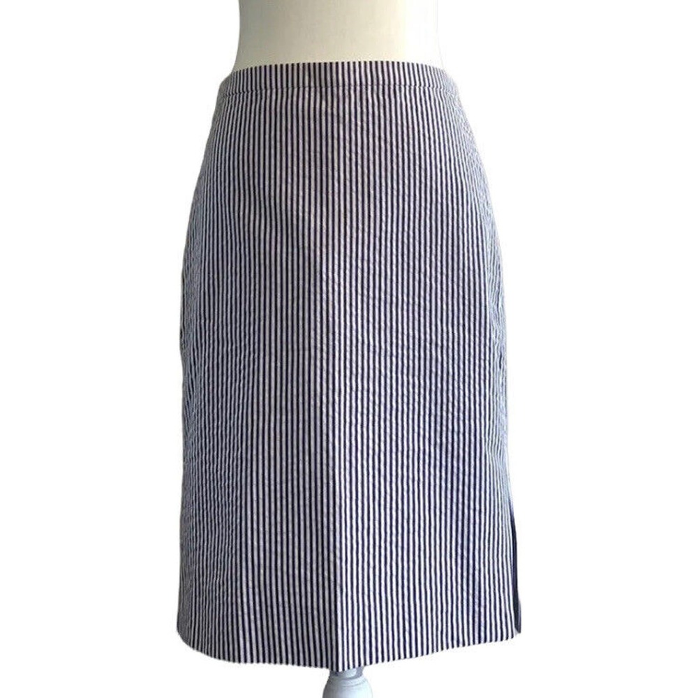 J Crew Skirt Blue White The Pencil Skirt Seersucker Lined Pinstriped Size 0